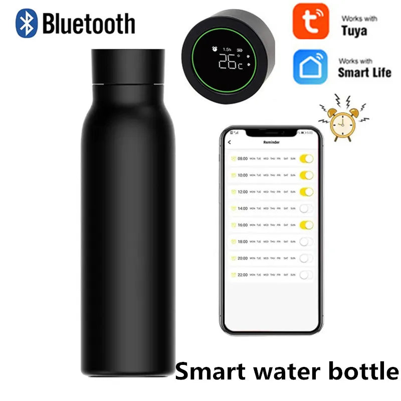 Smart water bottle with hydration tracking and LED display for fitness and daily use alarm